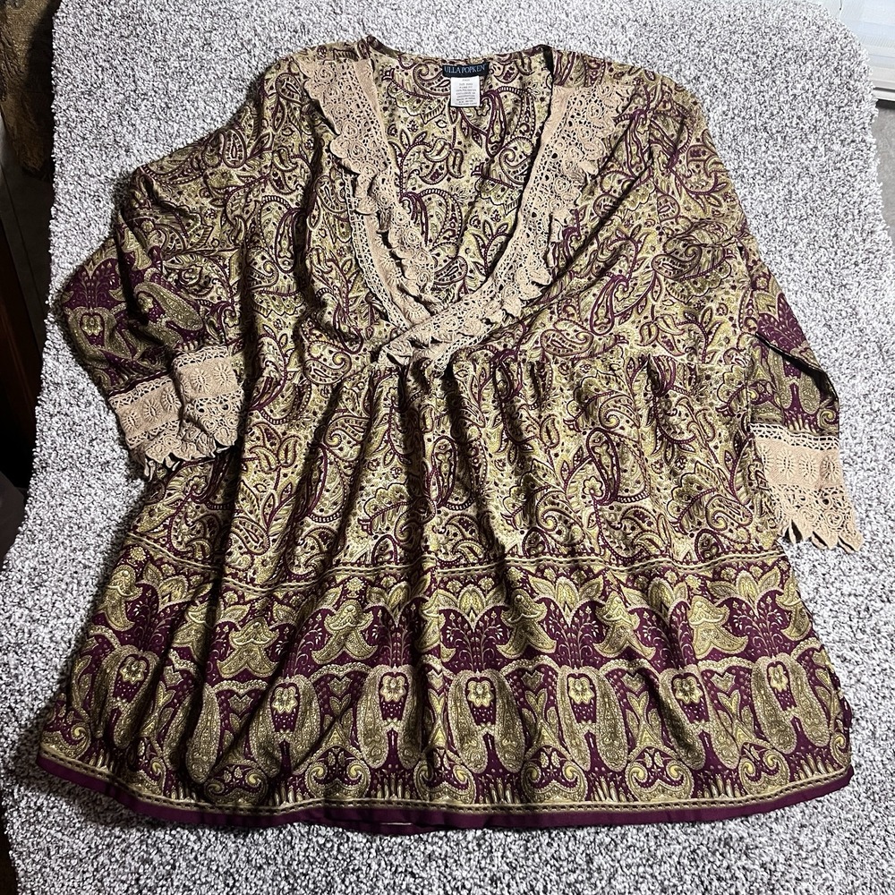 Ulla Popken Women's Plus 20/22 Babydoll Blouse| Paisley Print Boho Chic Fall